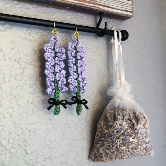 Hand Crafted Jewelry - Lavender Flower Floral Earrings Crocheted with a Bow!
